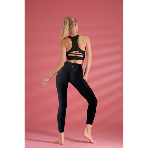 SOLID BLACK SPORTS BRA & HIGH-RISE LEGGINGS SET W/ STASH POCKETS - SZ: M & L - Picture 4 of 15